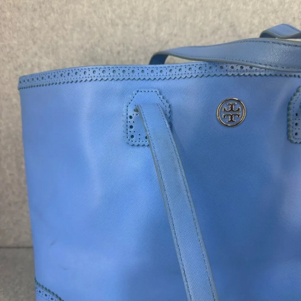Tory Burch Blue Leather‎ Tote Bag Perforated Details Gold Logo  Shopper Tote